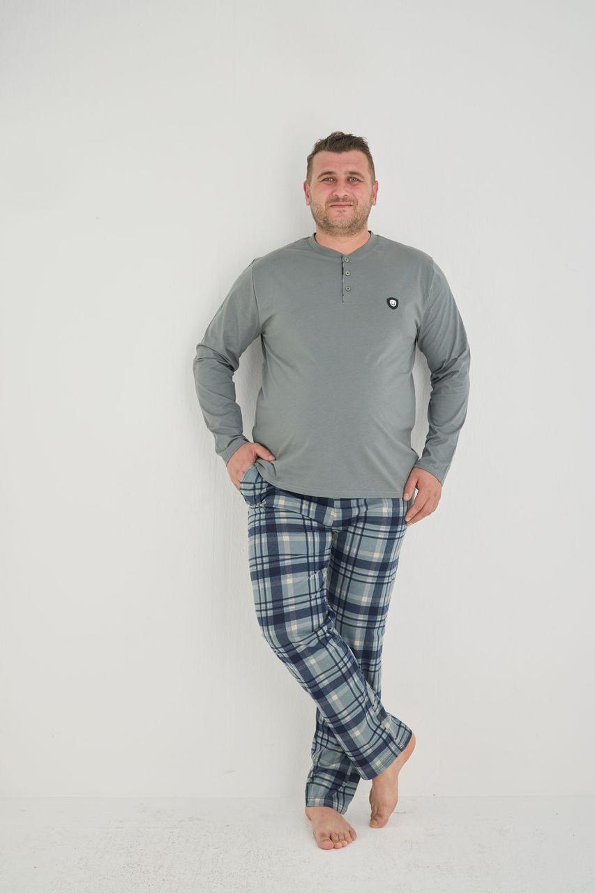 Чоловіча бавовняна піжама батал лонгслів та штани в клітину, сіро-синя клітинка .Топ!, фото 1