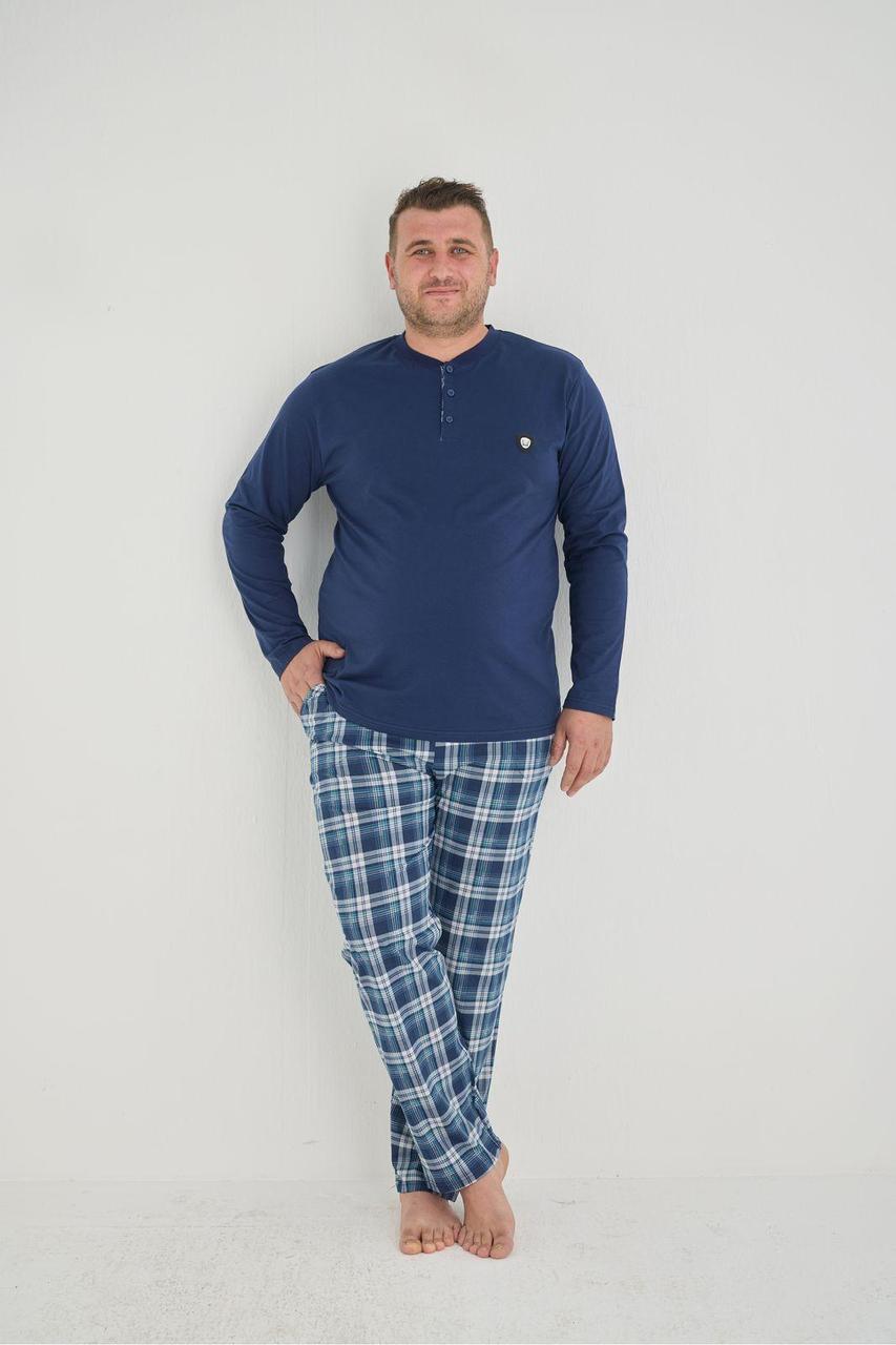 Чоловіча бавовняна піжама батал лонгслів та штани в клітину, синя клітинка .Топ!, фото 1