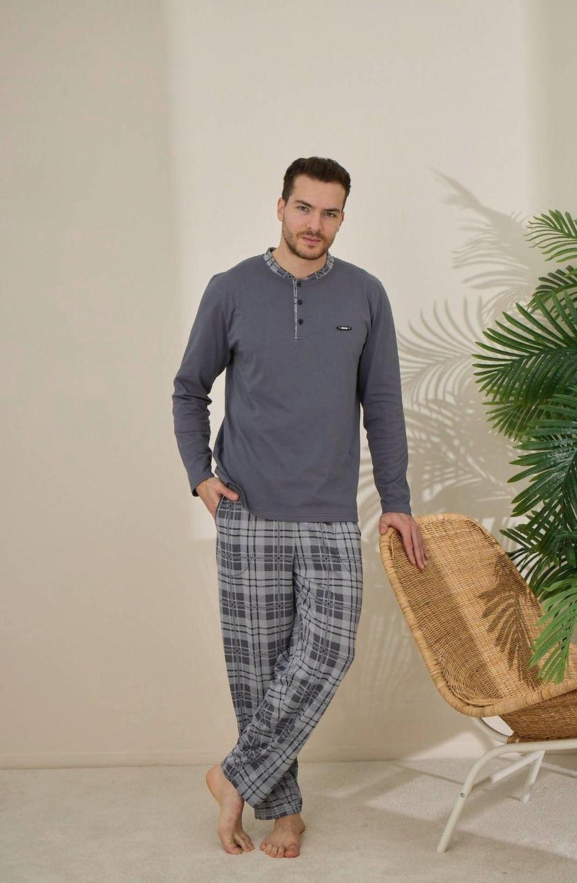 Чоловіча бавовняна піжама "Cameron" лонгслів та штани в клітину, сіра .Хит!, фото 1