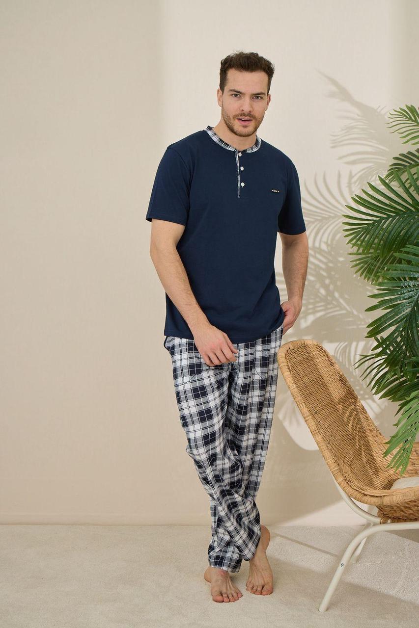 Чоловіча бавовняна піжама "Cameron" футболка та штани в клітину, темно-синій .Хит!, фото 1