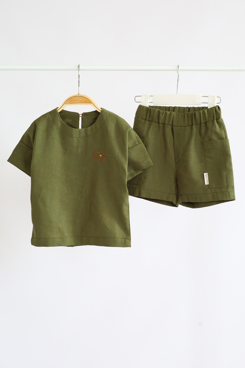 Дитячий лляний костюм "Land", Темний хакі. Топ!, фото 1