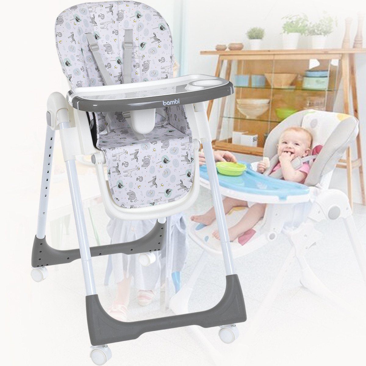 Високий дитячий пластиковий стільчик для годування з тацею Bambi M 5673-11 Сірий, фото 1