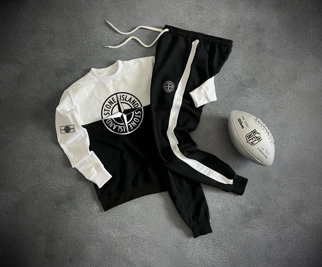 Чоловічий спортивний костюм Stone Island весняний осінній трикотажний комплект чорно-білий