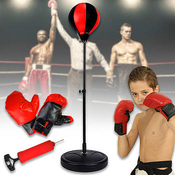 Боксерський набір з грушею 18 см на стійці 105 см та боксерськими рукавичками Чорно-червоний