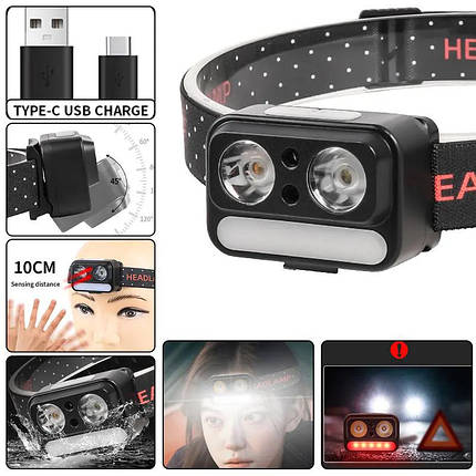 Ліхтар налобний 2069-XPG(white)+XPG(yellow)+5SMD(red), Motion Sensor, Li-Ion акумулятор, ЗП Type-C, фото 1