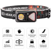 Ліхтар налобний W-18-XPG+6SMD (white+red), Motion Sensor, 1x14500, ЗП Type-C, фото 6