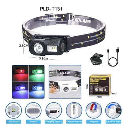 Ліхтар налобний T131-XPE+3SMD (red+green+blue+UV), Motion Sensor, Li-Ion акум, магніт, кліпс, ЗУ Type-C, Box, фото 1