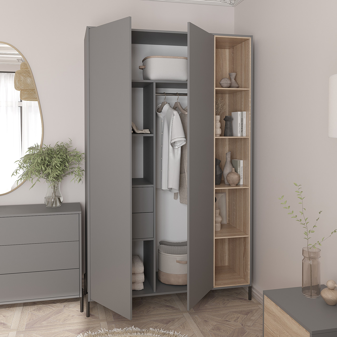 Розпашна шафа Норді на ніжках 2200х1400х500 мм Антрацит/Дуб Сонома, фото 1