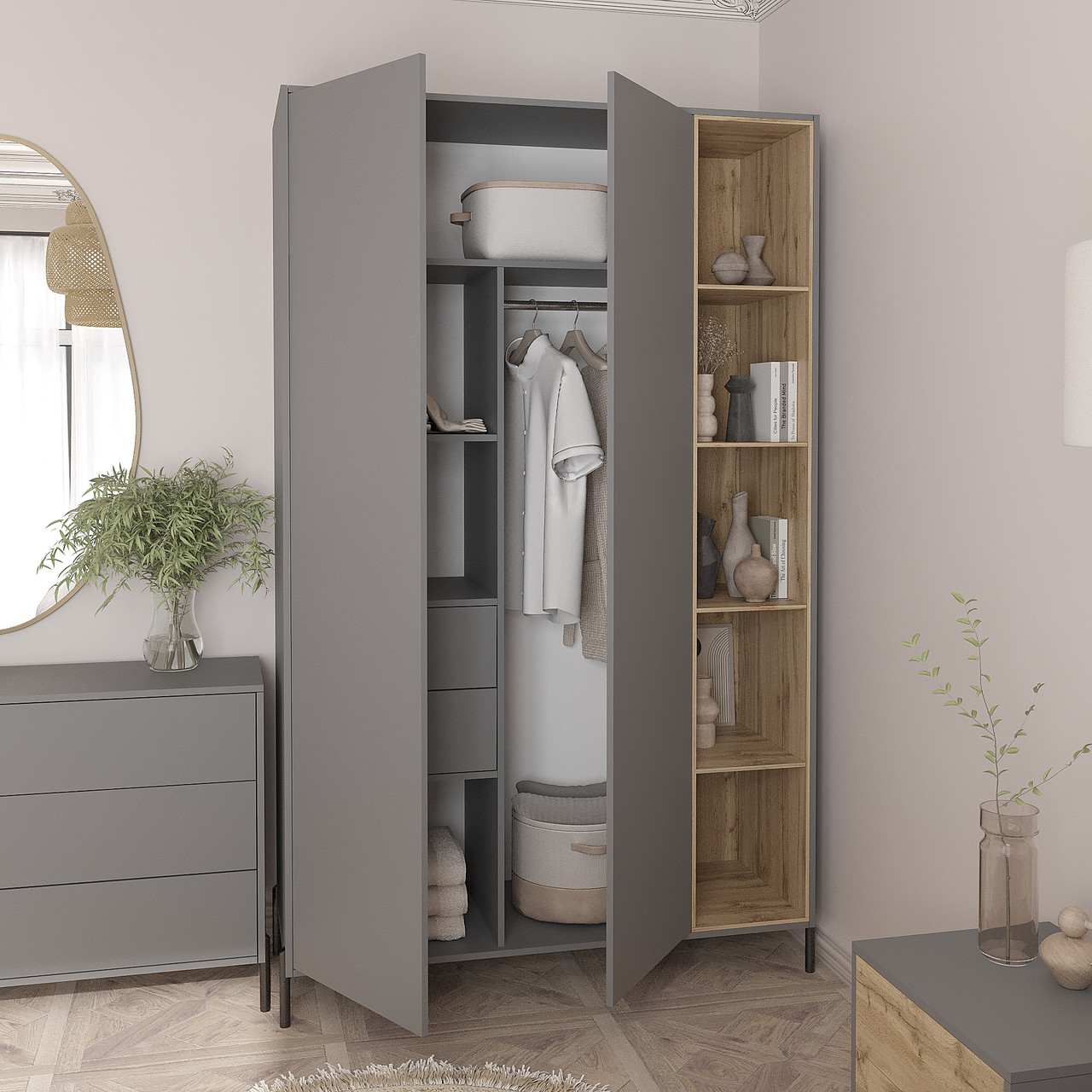 Розпашна шафа Норді на ніжках 2200х1400х500 мм Антрацит/Дуб Тахо, фото 1