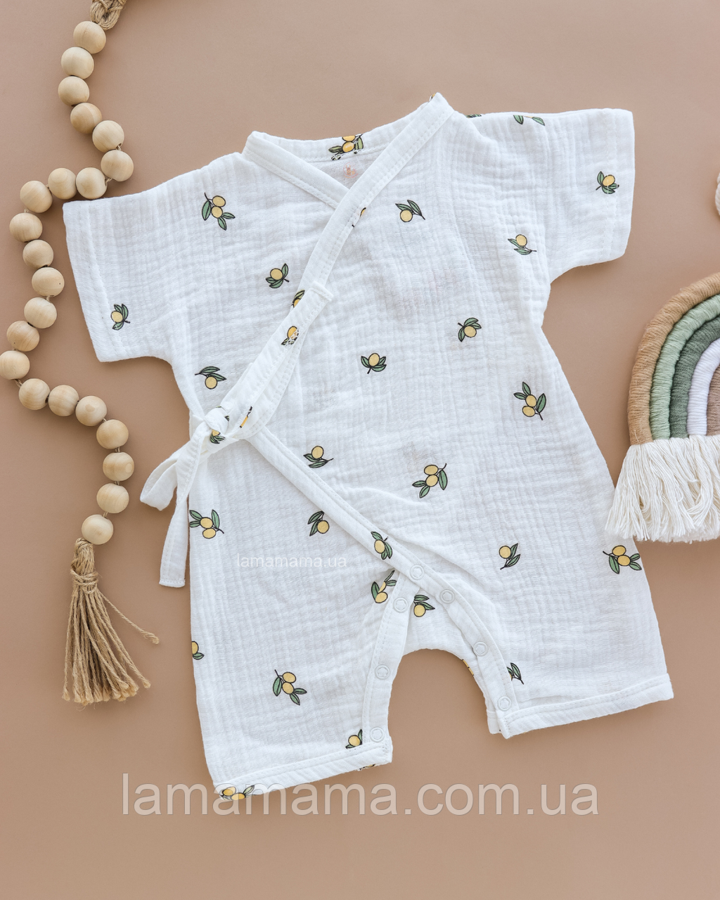 Мусліновий пісочник кімоно для малят Оливки на молочному MUSLIN BABY