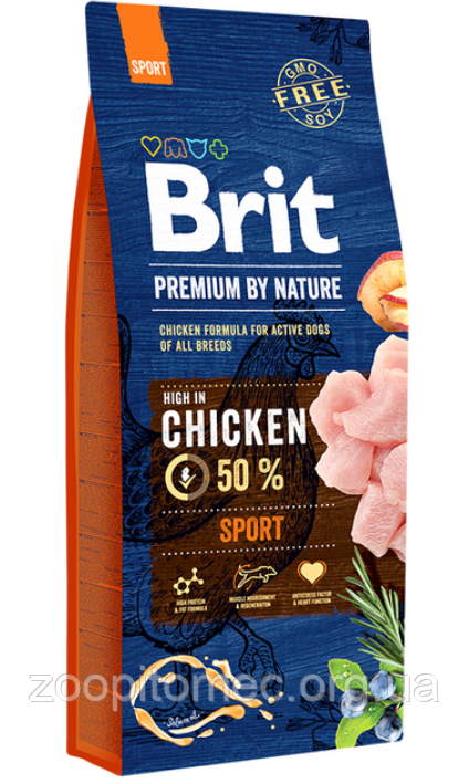 Корм Brit (Бріт) Premium Dog Sport для активних собак всіх порід (курка), 15 кг