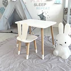 Білий дитячий стіл і стілець для творчості малюка дитини дівчинки хлопчика 2 роки Прямокутний з зайчиком