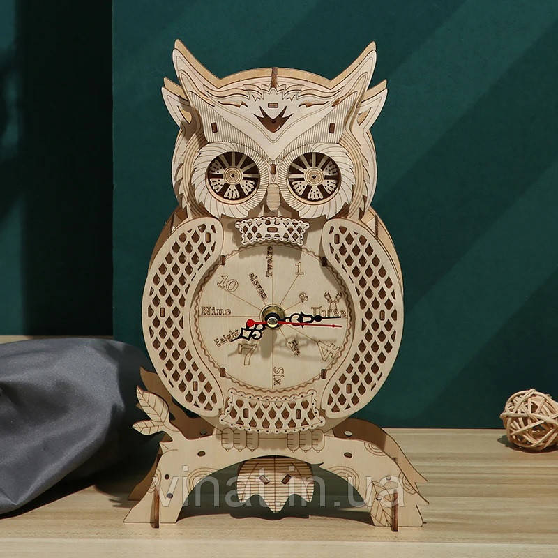 Конструктор Robotime 3D пазл дерев'яний модель Годинники Сова ROKR Owl Clock Mechanical LG802