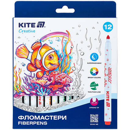Фломастери, набір 12шт, Kite Creative Superwashable, фото 1