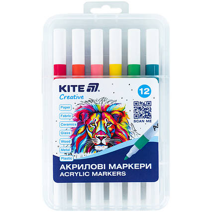 Маркери акрилові, набір 12шт, Kite Creative, фото 1