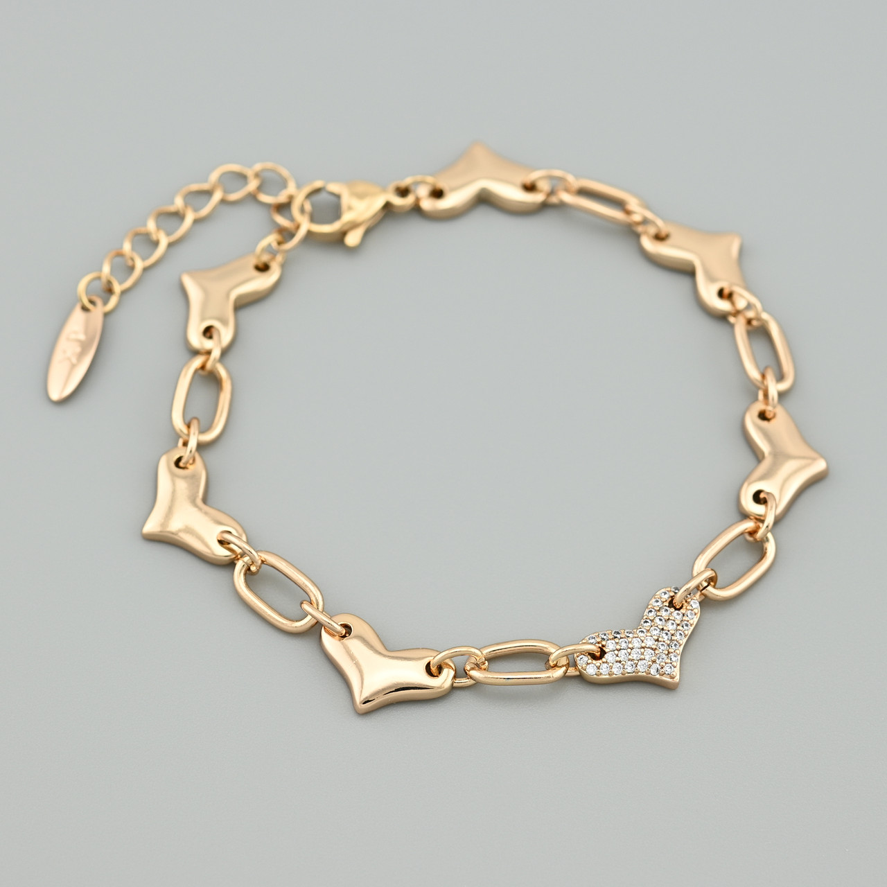 Браслет Серце 49981 ширина 8 мм білі фіаніти позолота 18К довжина 17+3, фото 1