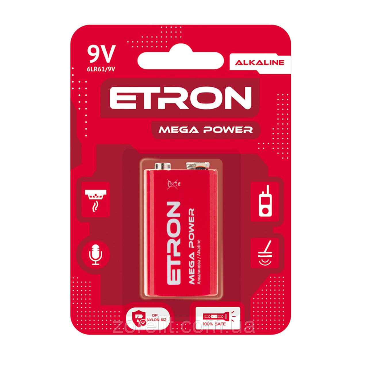 Батарейка ETRON 6LR61 Крона Mega Power лужна, блістер 1 шт, фото 1