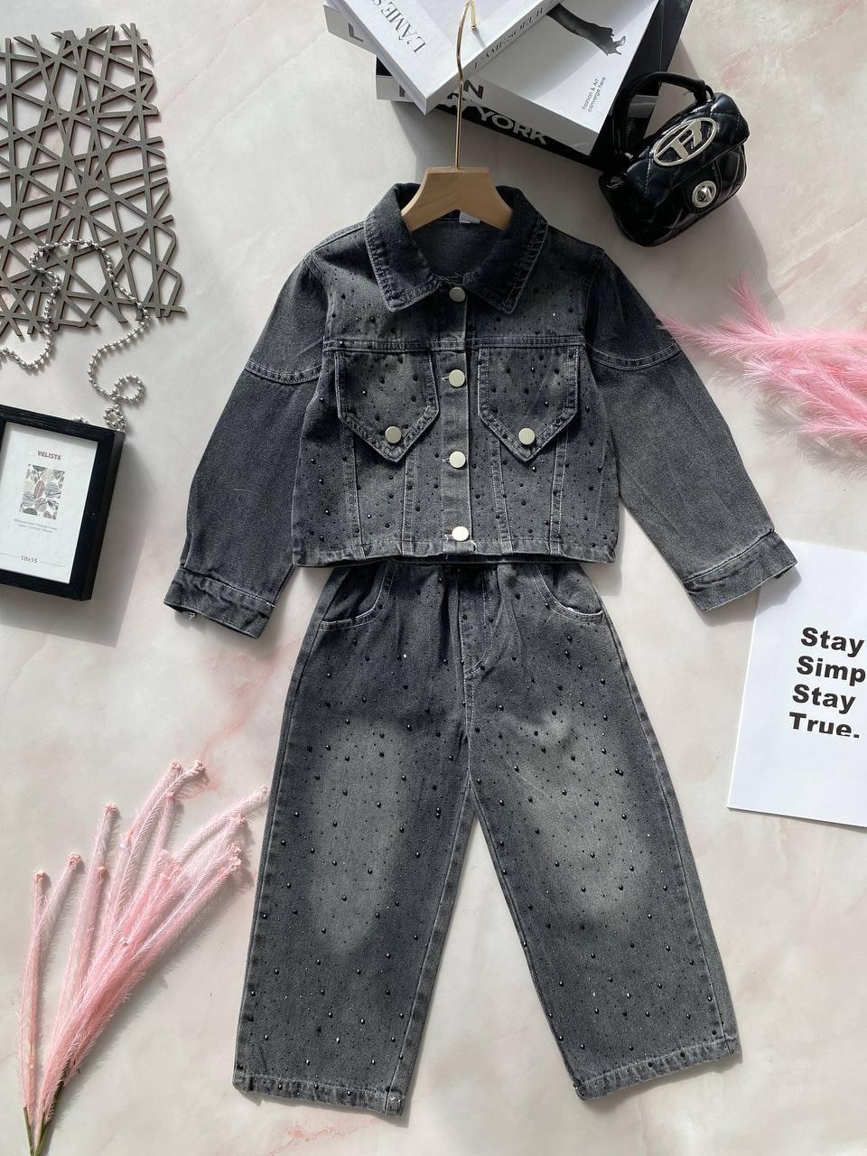 Джинсовий костюм на дівчинку з сорочкою Темно-сірий 25091, Темно-Сірий, Для дівчаток, Весна Осінь, 104, фото 1