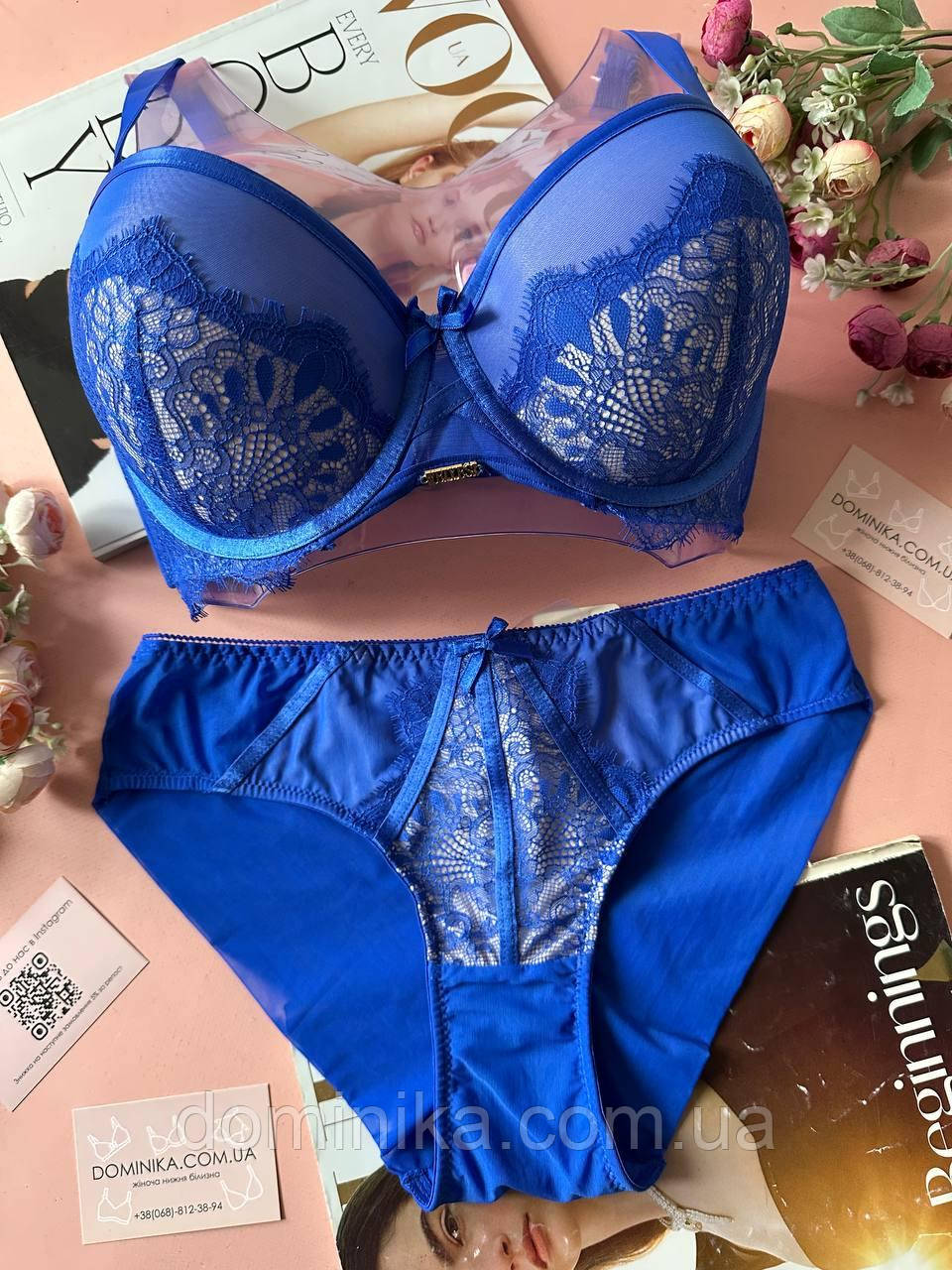 80/90/95D Мереживний комплект жіночої нижньої білизни великих розмірів на чашку D, колір синій