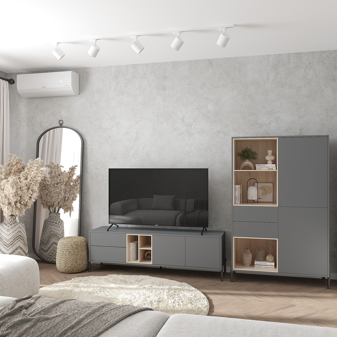 Меблевий комплект Норді для вітальні з 2-х позицій: шафа буфет і тумба під телевізор Антрацит/Дуб Сонома, фото 1