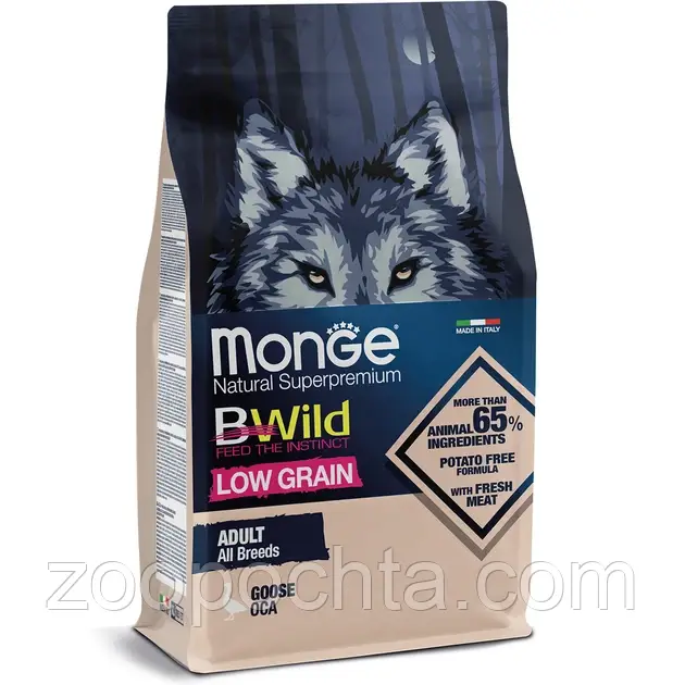 Сухий корм Monge Dog BWILD LOW GRAIN All breeds Adult для собак усіх порід, м'ясо гуски 15КГ, фото 1