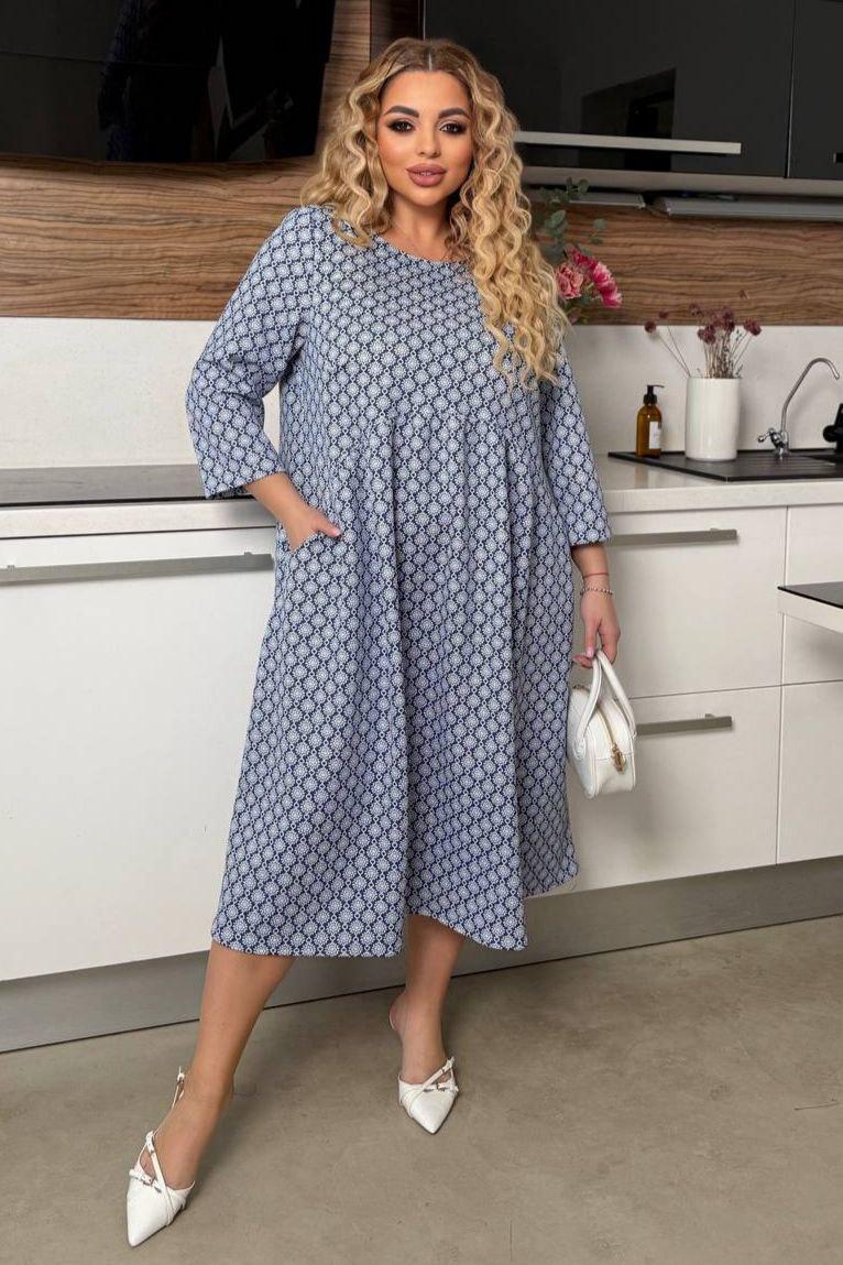 Сукня трикотажна вільна великі розміри синьо-біла з кишенями