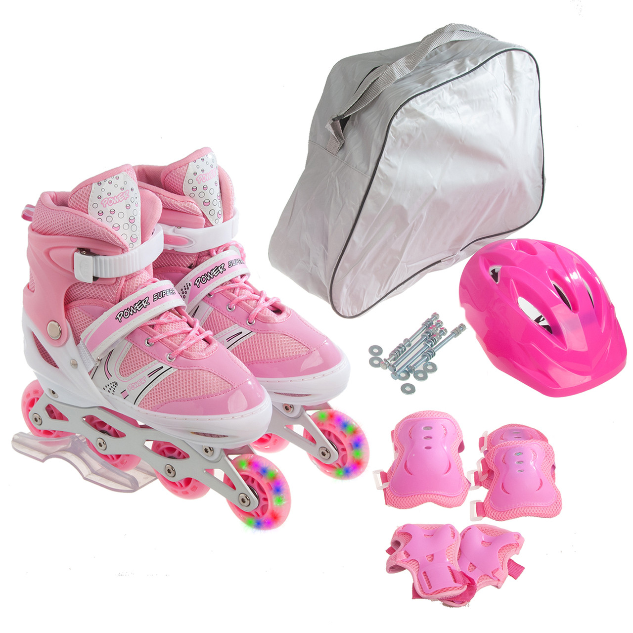 Комплект роликів із захистом і шоломом Happy розмір 29-33, Рожевий, світні колеса, фото 1