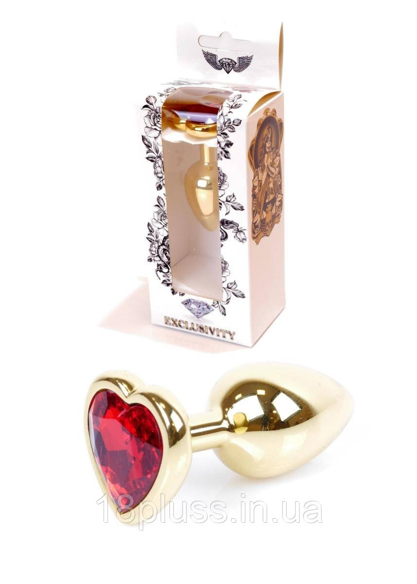 Металева золотиста анальна пробка зі стразом у формі серця Jewellery Gold Heart Plug Red, фото 1