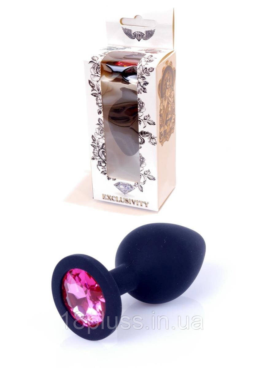 Силіконова анальна пробка чорного кольору з кристалом Black Silicone Plug Medium Pink Diamond, фото 1