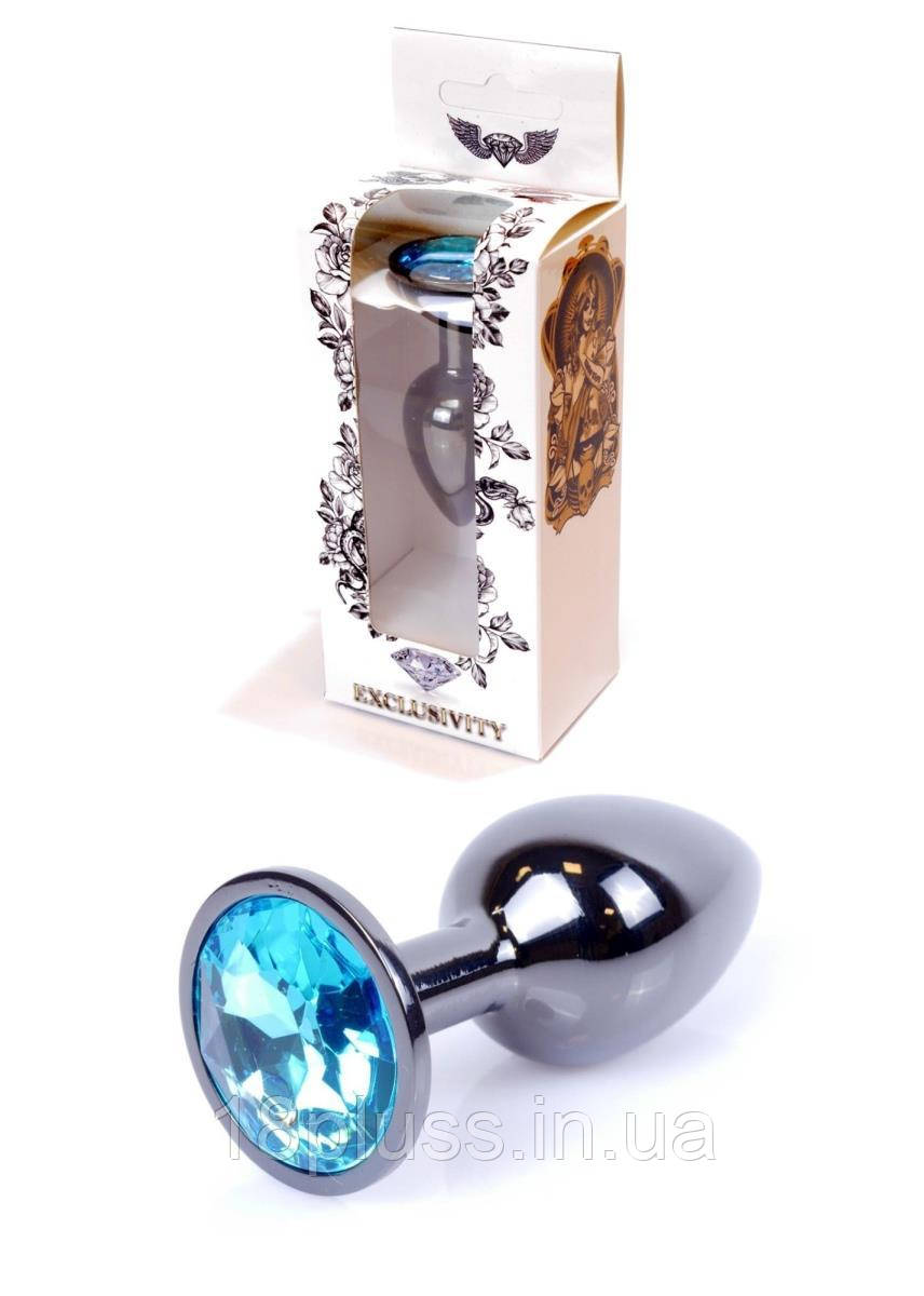 Металева темно-срібляста анальна пробка з кристалом Jewellery Dark Silver Plug Light Blue, фото 1