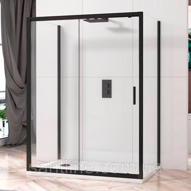 Душова кабіна розсувна DUSEL A-517 B 100х100х195 см пристінна чорний профіль, прозоре скло 6мм, фото 1