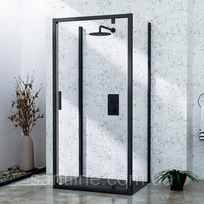 Душова кабіна розпашна DUSEL A-518 B 80х100х195 см пристінна чорний профіль прозоре скло 6мм, фото 1