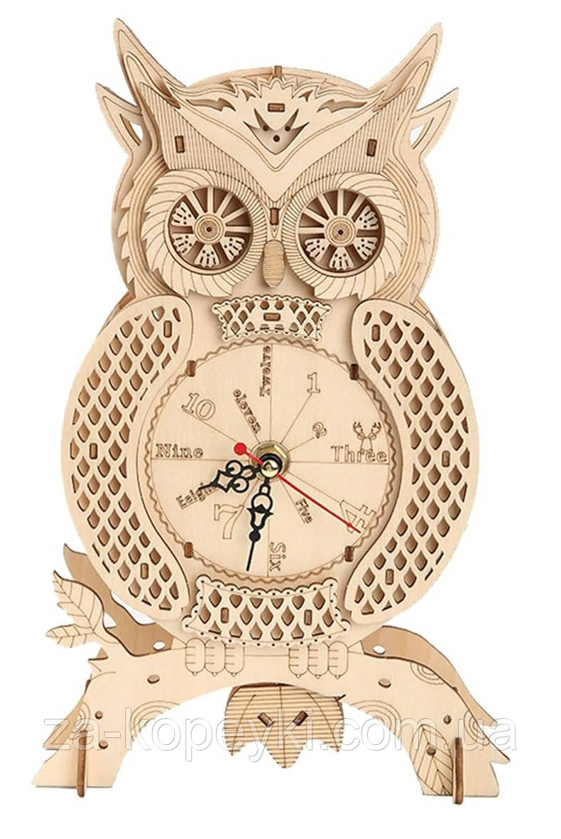 Конструктор Robotime 3D пазл дерев'яний модель Годинники Сова ROKR Owl Clock Mechanical LG802