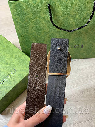 Ремінь Gucci шкіряний чорний зі золотою глянцевою пряжкою, фото 3
