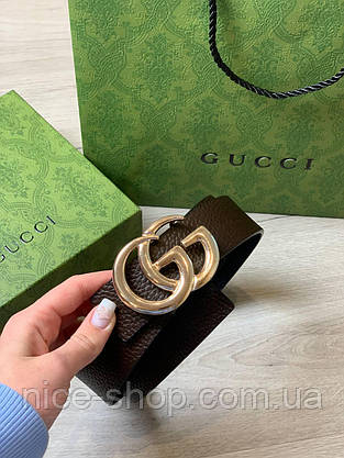Ремінь Gucci шкіряний чорний зі золотою глянцевою пряжкою, фото 4