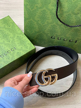 Ремінь Gucci шкіряний чорний зі золотою глянцевою пряжкою, фото 5