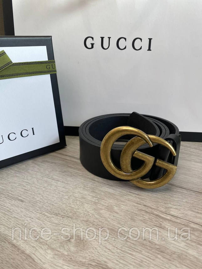 Ремінь Gucci шкіряний чорний із золотою матовою пряжкою, фото 1