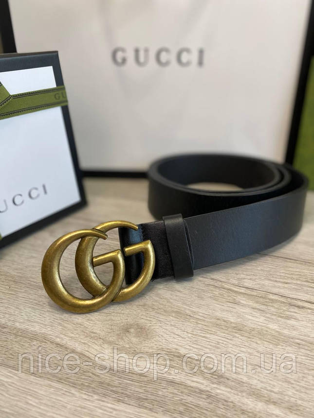 Ремінь Gucci шкіряний чорний із золотою матовою пряжкою, фото 3