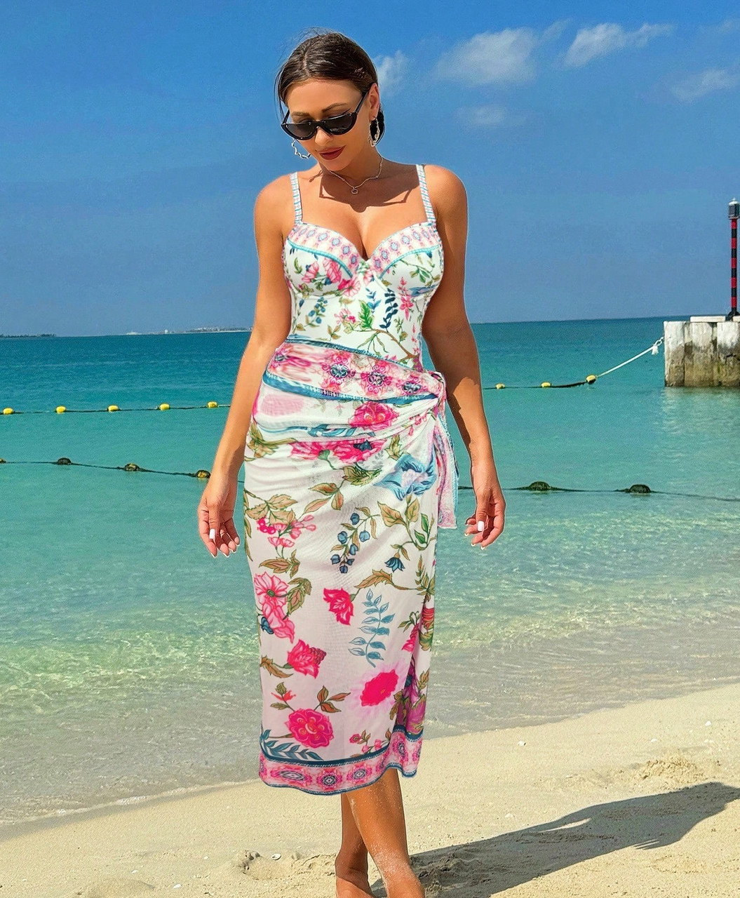 Купальник суцільний суцільний білий із рожевими квітами + спідниця-парео L 46, фото 1