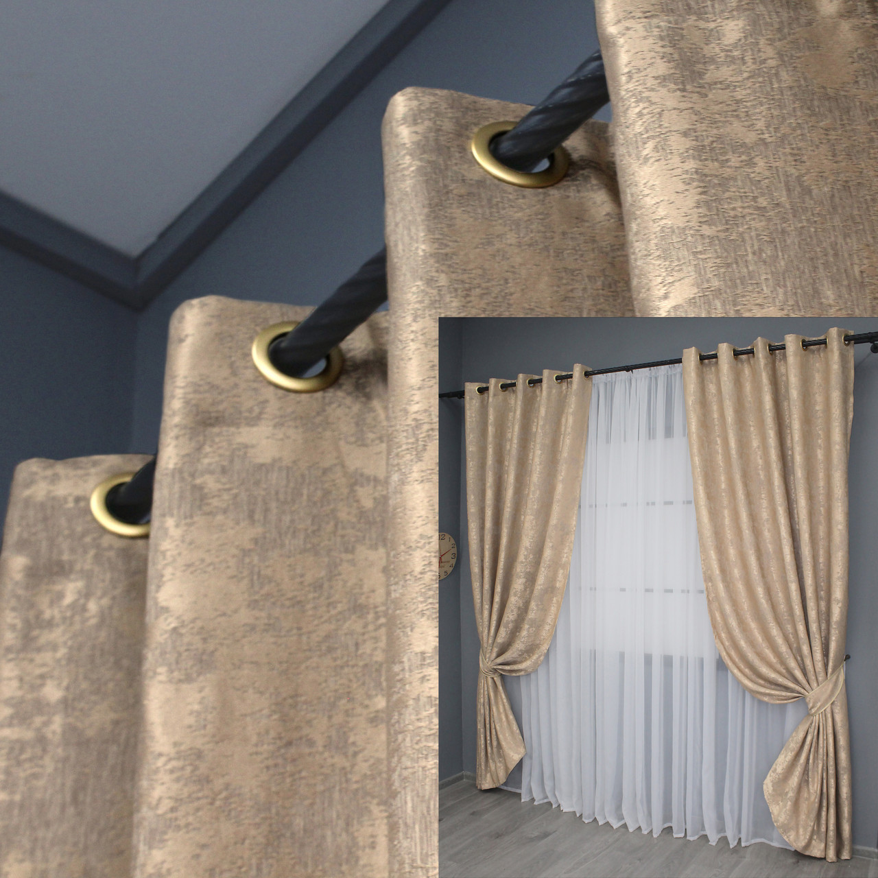 Комплект (2шт. 1,5х2,5м.) штор на люверсах, жакард "Sultan YL". Колір темно-бежевий. Код 1699ш 37-0250, фото 1