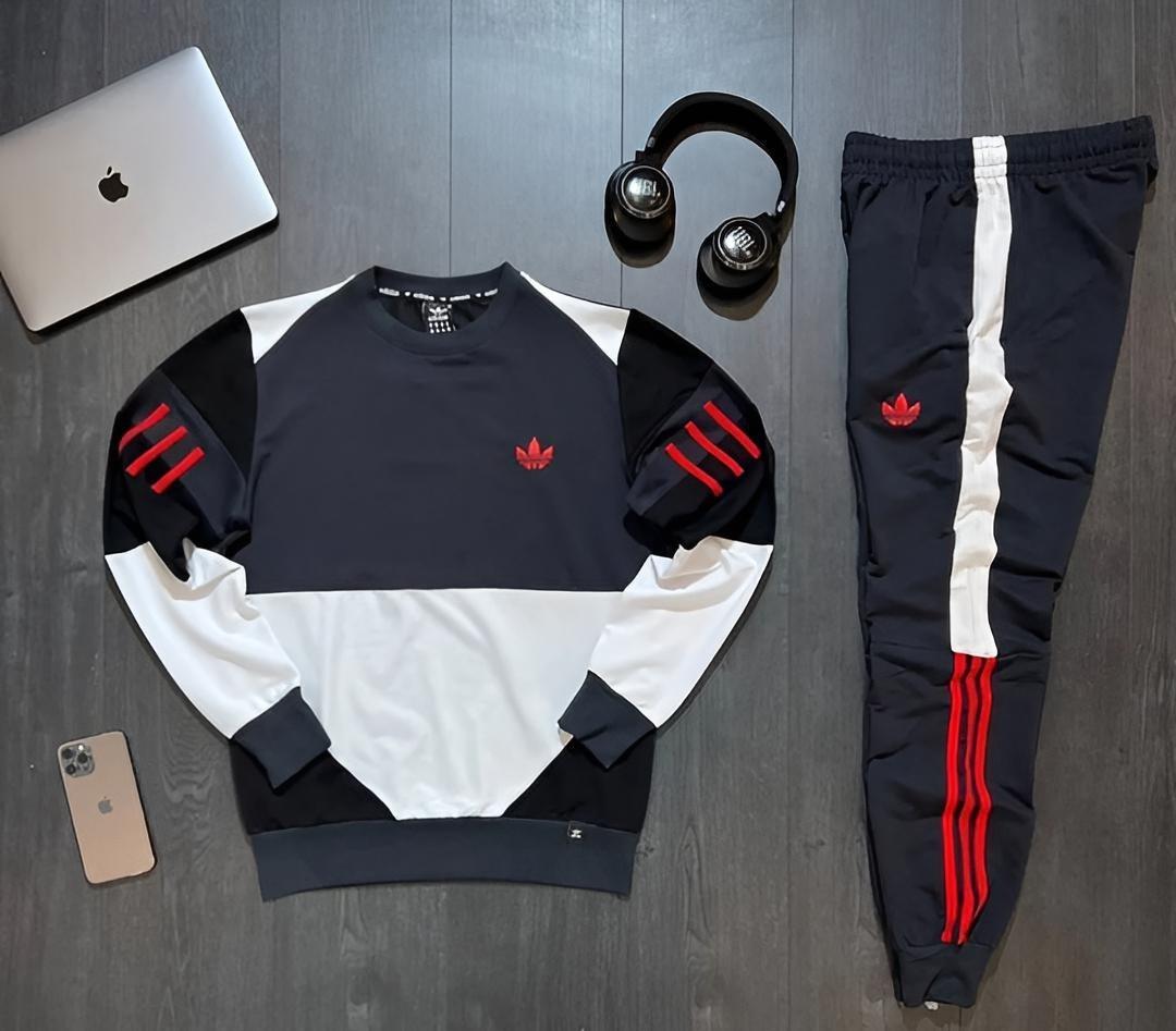 Чоловічий спортивний костюм Adidas Світшот + Штани чорний з білим Адідас без капюшона весняний осінній