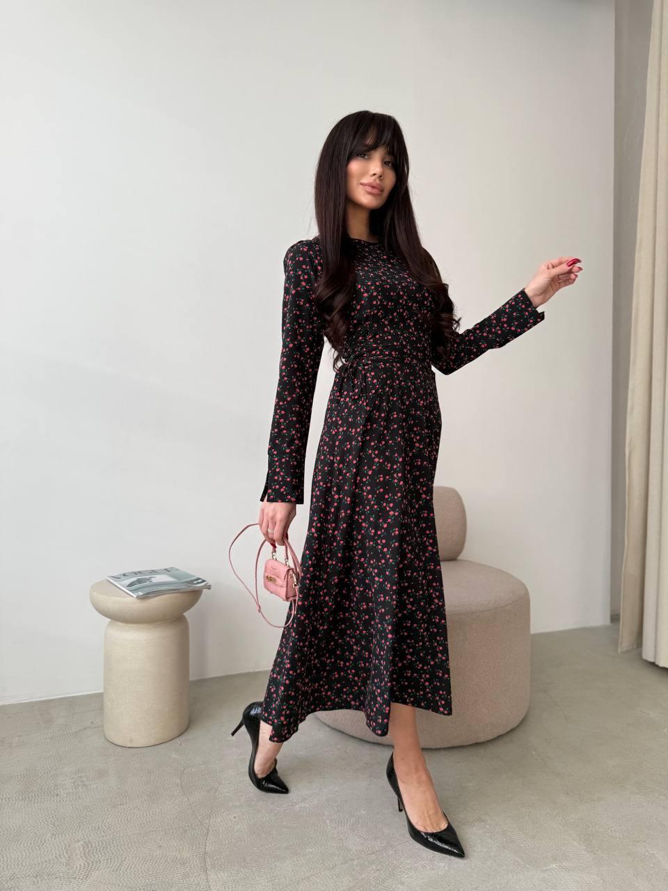 Сукня жіноча із софту у квітковий принт із зав'язками довжина міді (Норма), фото 1