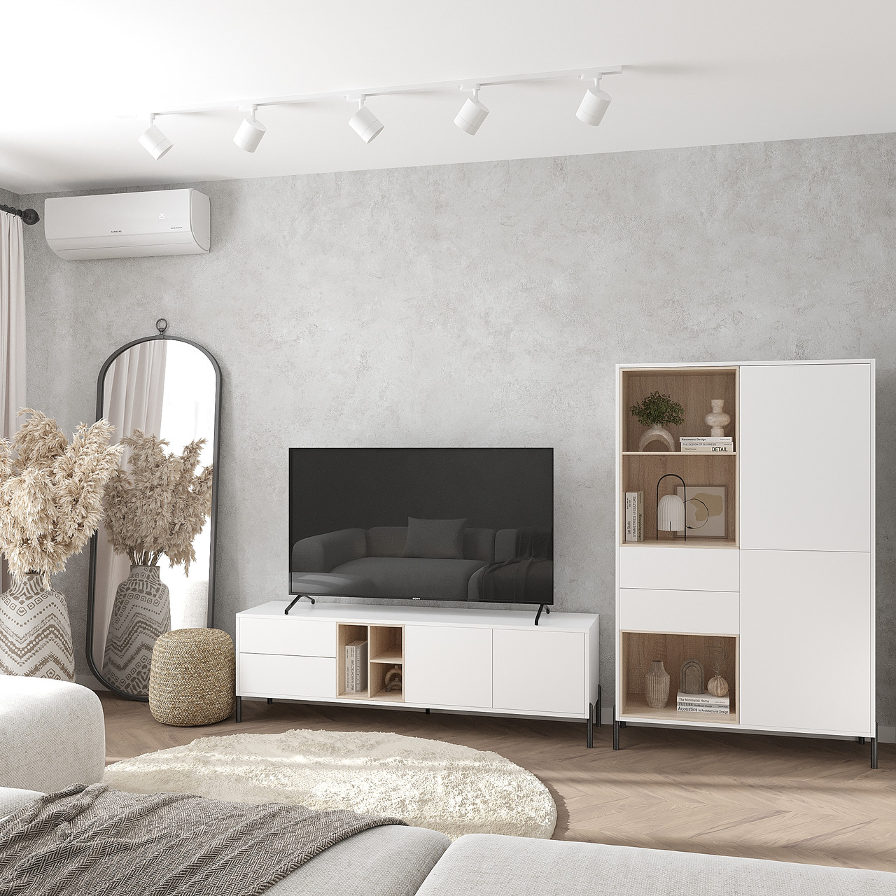 Меблевий комплект Норді для вітальні з 2-х позицій: шафа буфет і тумба під телевізор Білий/Дуб Сонома, фото 1