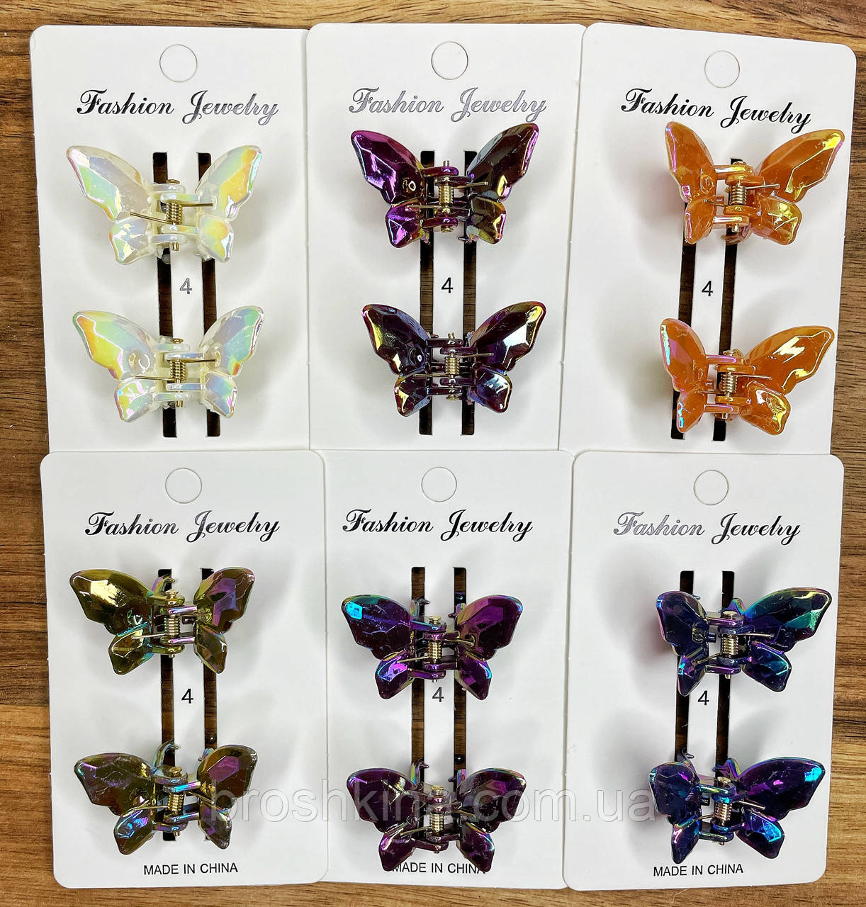Краби для волосся оптом пластикові 2.5*4*2 см 12 пар/уп КОЛЬОРОВІ МЕТЕЛИКИ ПЕРЛАМУТРОВІ, фото 1
