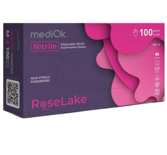 Рукавички нітрилові XS, Nitrile Rose Lake колір Рожевий 100шт\уп. Mediok, фото 1