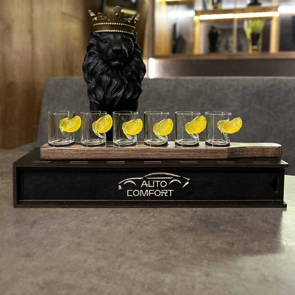 Набір чарок з мандарином 6 шт на темній підставці, фото 1