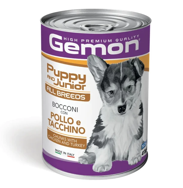 Вологий корм Gemon для цуценят всіх порід шматочки в желе з куркою та індичкою 415гр 24 шт