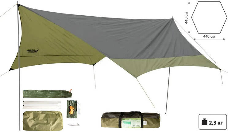 Тент із стійками Tramp Lite Tent UTLT-034 Green | Універсальний водонепроникний захисний навіс від сонця та дощу для кемпінгу, фото 1