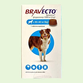 Bravecto Бравекто 1000 мг жувальна таблетка від бліх і кліщів для собак 20-40 кг, 1 таблетка 3 місяці захисту