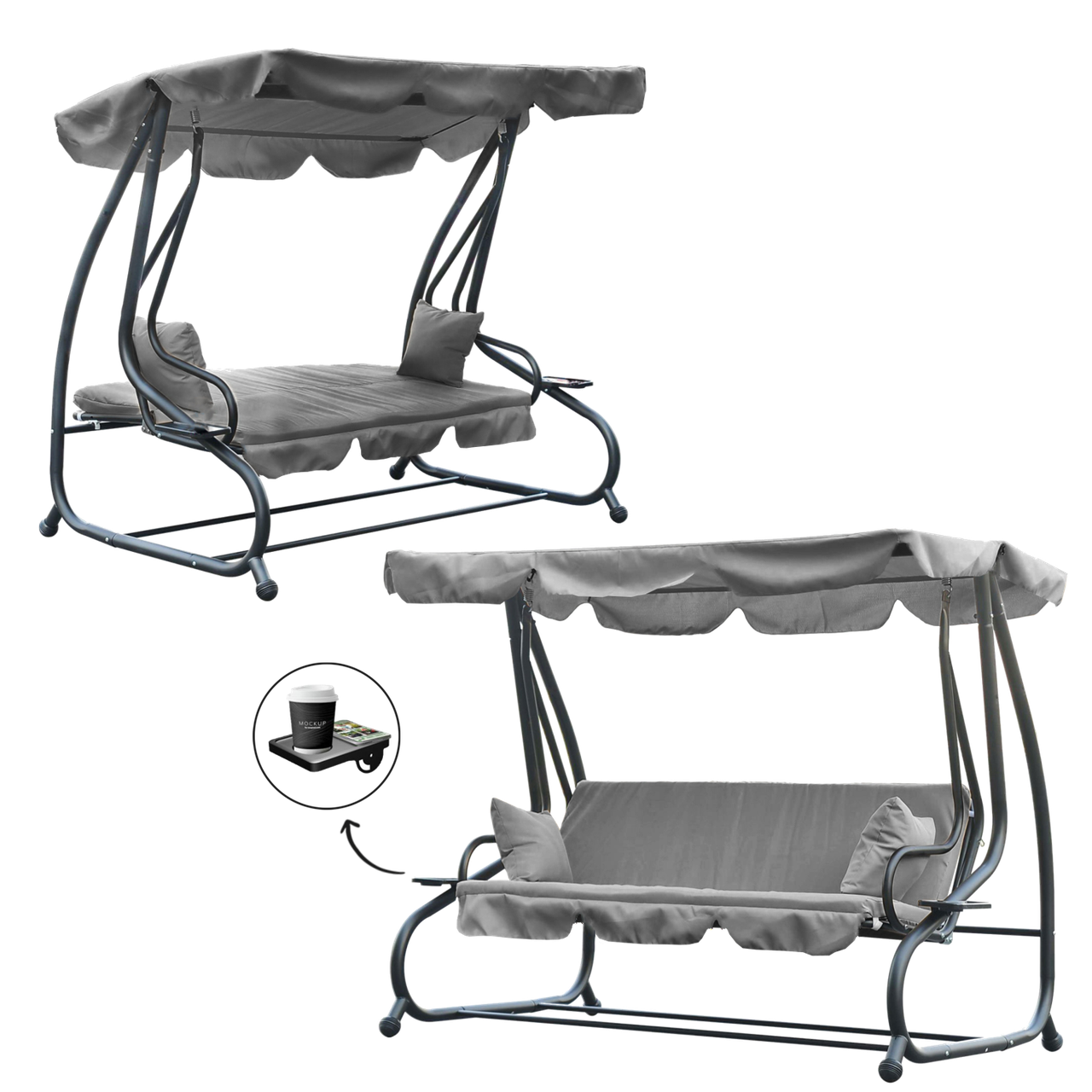 Гойдалка садова чотирьохмістна з підстаканниками Garden Line KRE9771 сіра 210х120х170 см із з функцією дивана , розкладна